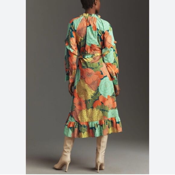 NEW Farm Rio Anthropologie Long Sleeve Floral Midi Dress Beaded Tassel Size XS - Picture 4 of 16